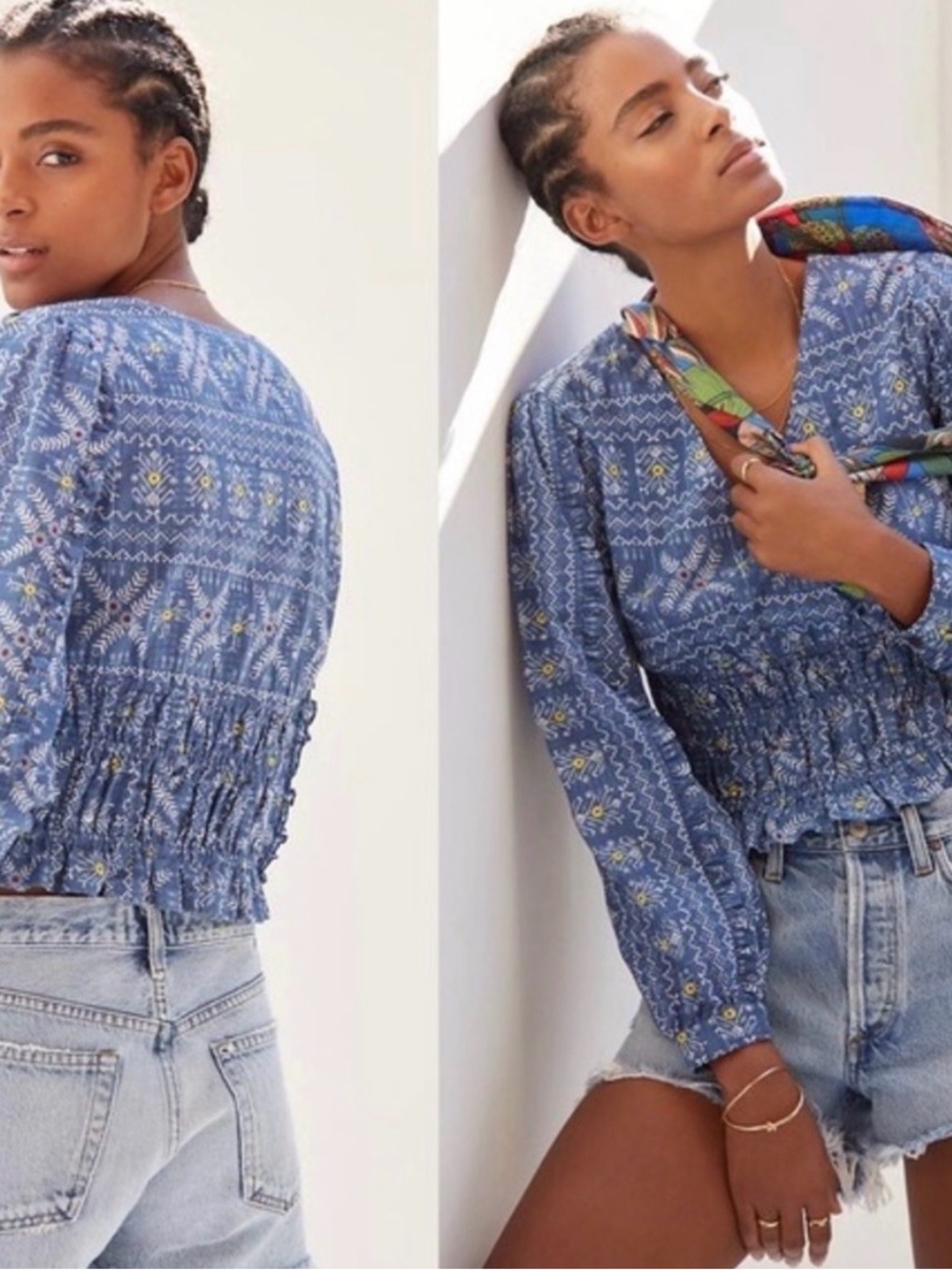 Anthropologie Forever That Girl Embroidered Smocked Top Blue Cotton Boho L NWT
